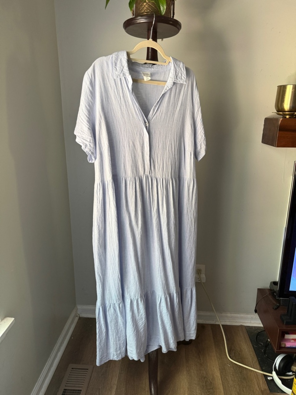 Nicole Miller Pale Blue Button-Front Tiered Maxi Dress